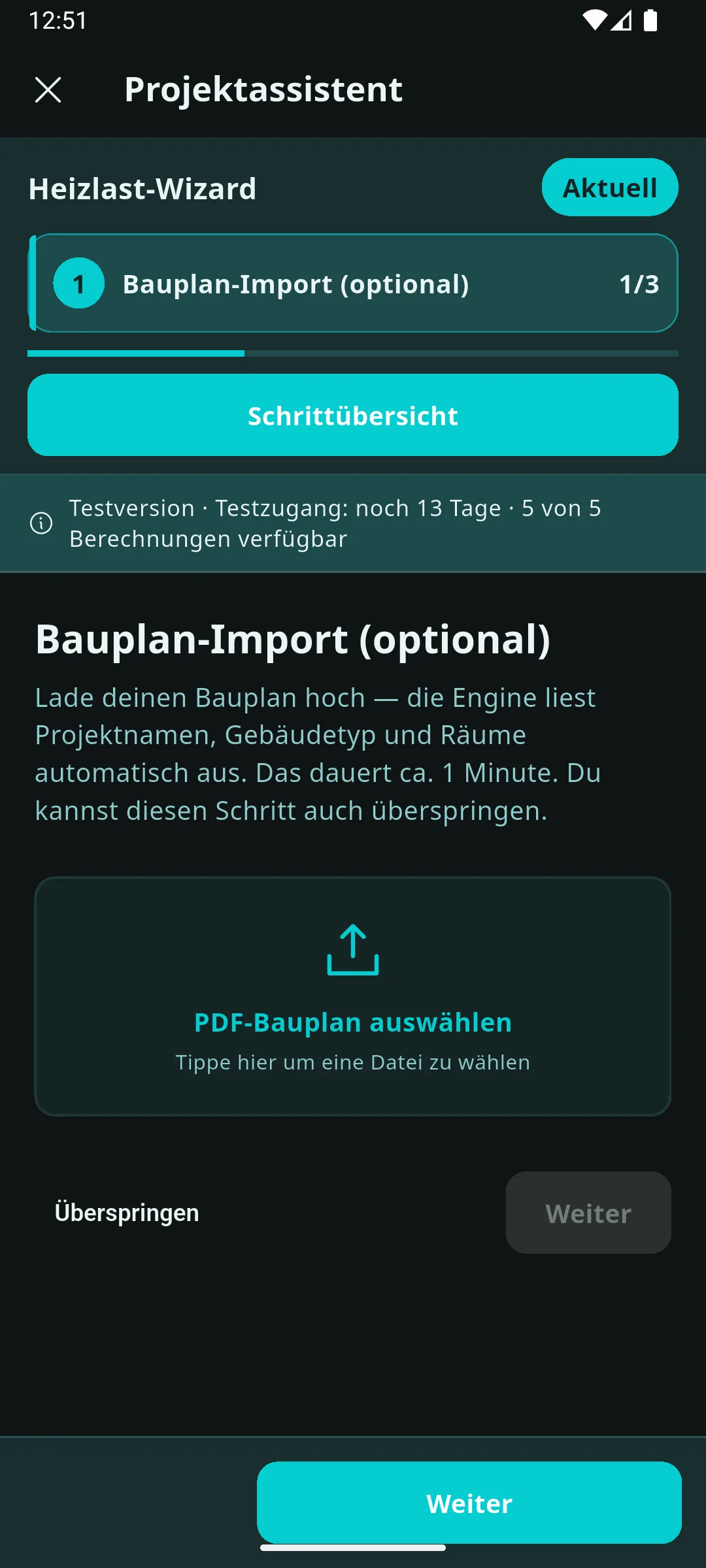 Prometo Projektassistent mit optionaler Auswahl eines PDF-Bauplans