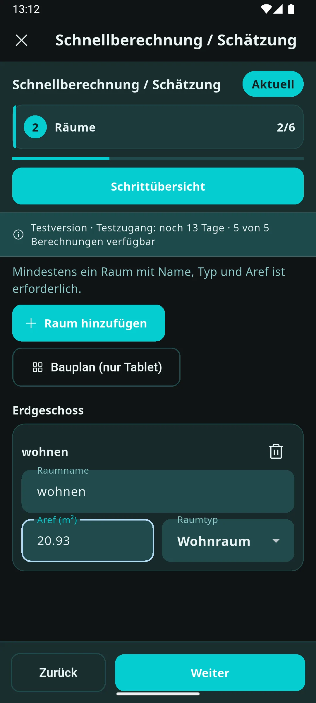 Prometo Raumübersicht mit Raumname, Nutzung und Fläche
