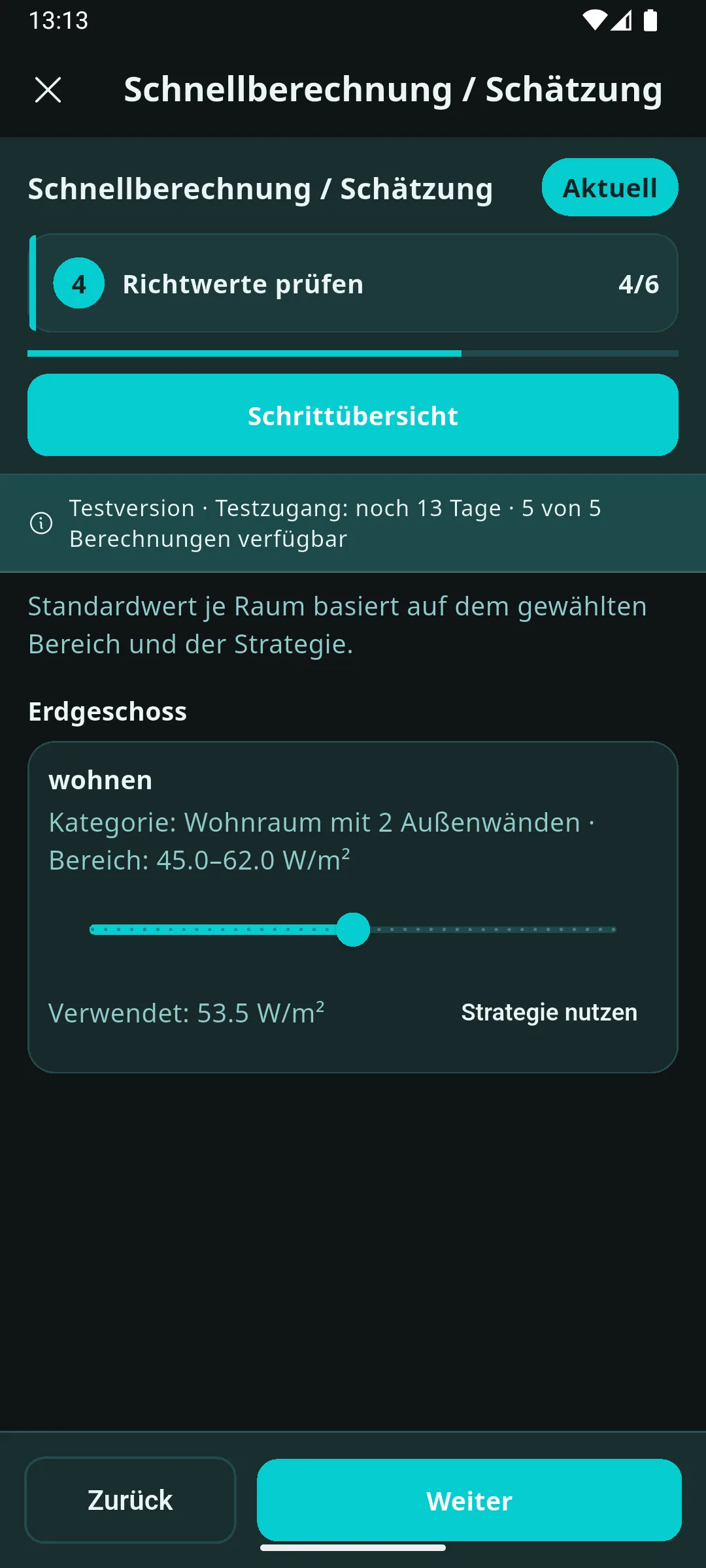 Prometo Richtwertprüfung mit Bandbreite und verwendetem Planungswert