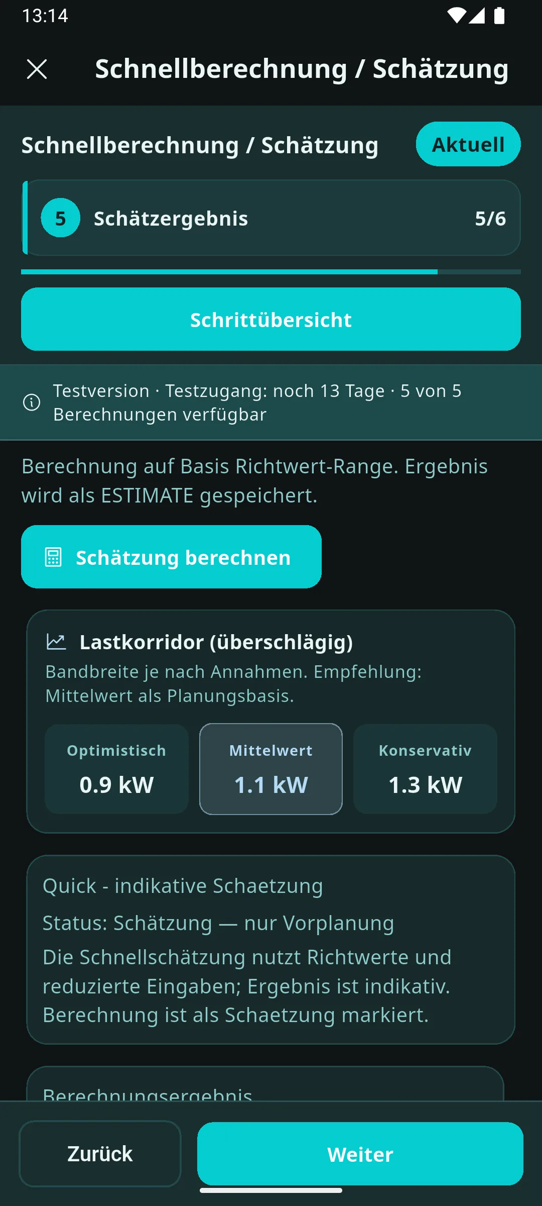 Prometo Heizlast-Schätzung mit optimistischem, mittlerem und konservativem Lastwert