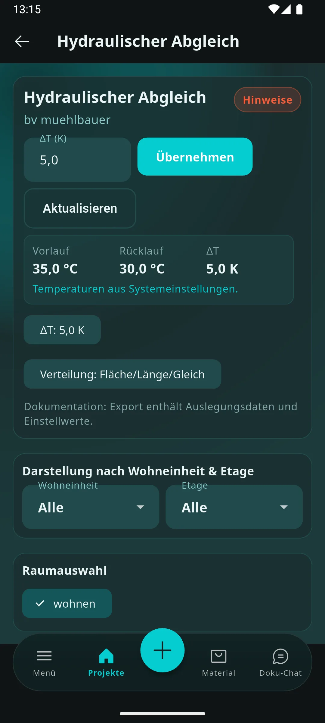 Prometo hydraulischer Abgleich mit Vorlauf, Rücklauf und Spreizung
