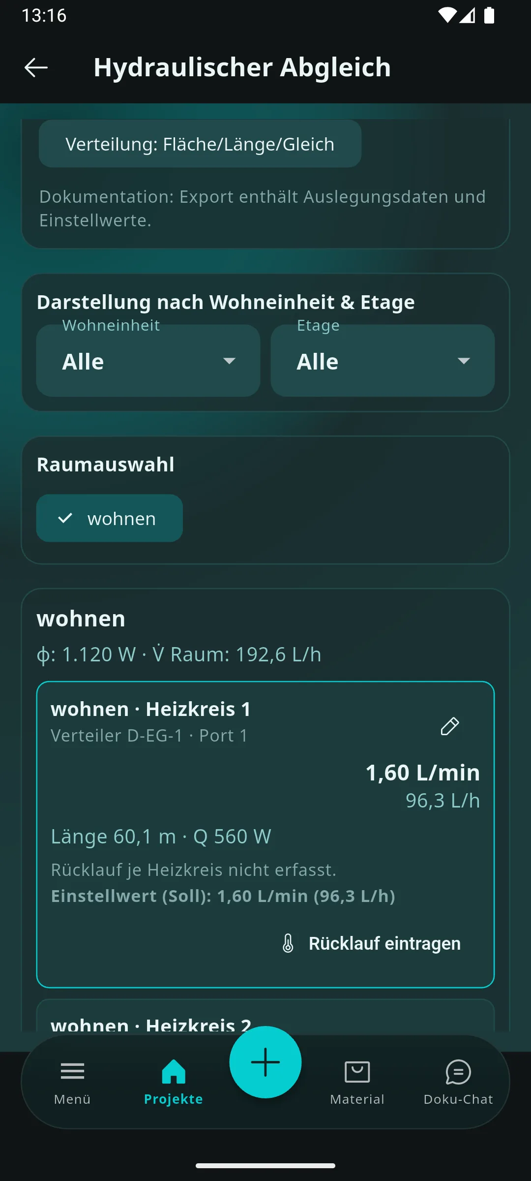 Prometo Heizkreisansicht mit Verteilerport, Rohrlänge und Soll-Einstellwert