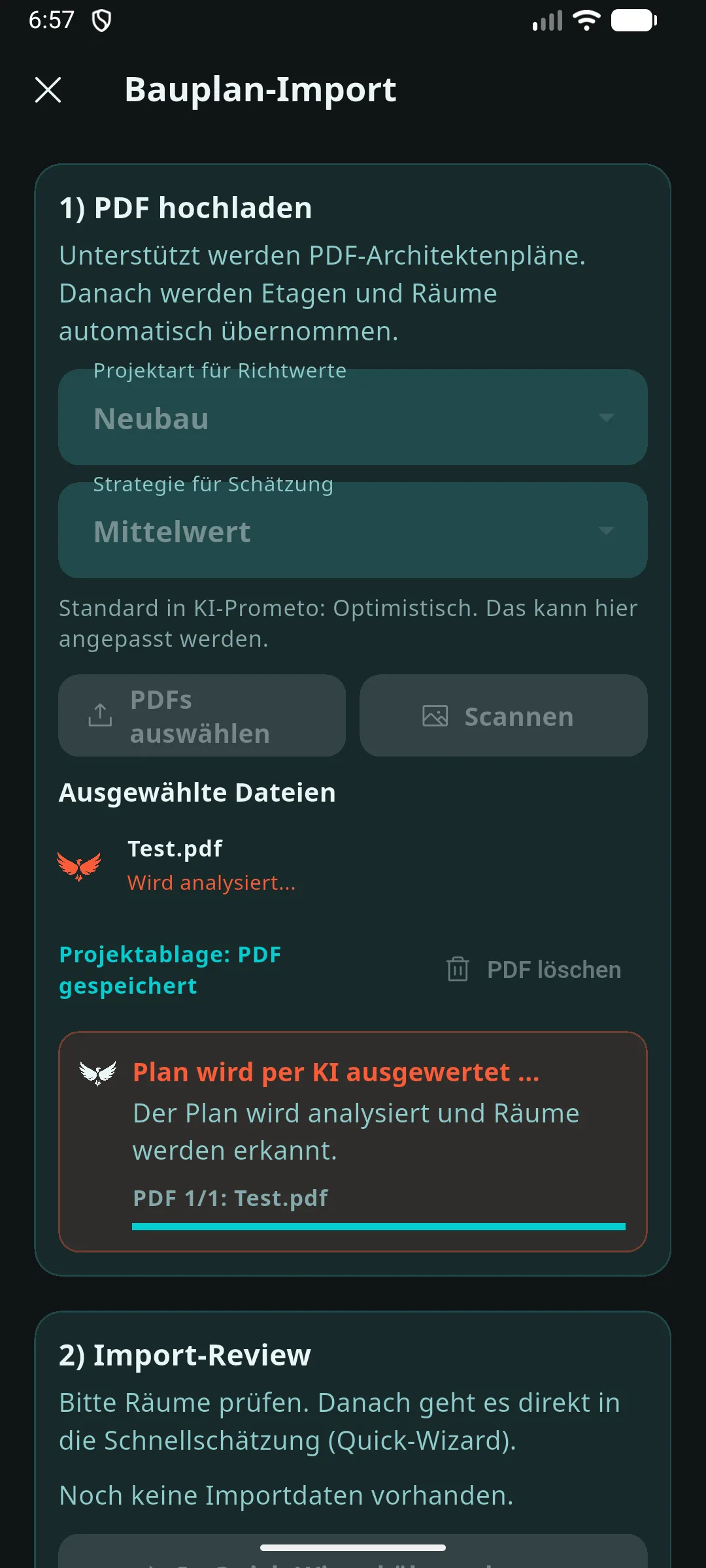 Prometo Bauplan-Import mit laufender KI-Analyse und Fortschrittsanzeige