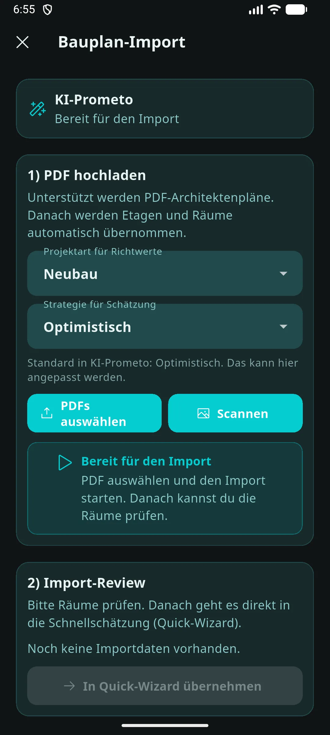 Prometo Bauplan-Import mit KI-bereiter Startansicht und PDF-Upload auf dem Smartphone