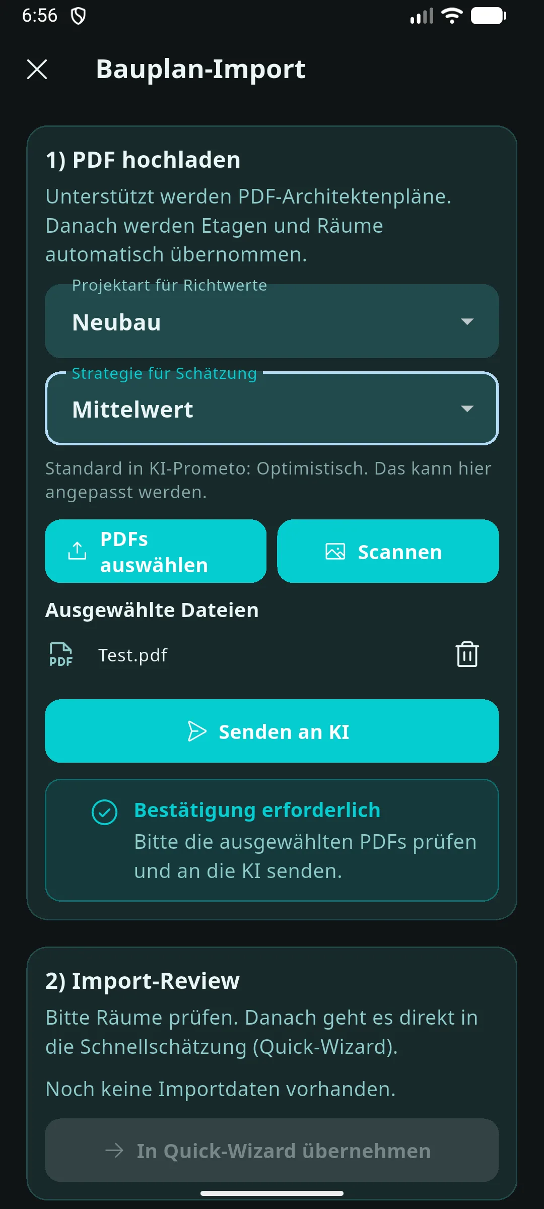 Prometo Bauplan-Import mit ausgewählter PDF-Datei und aktivem Senden-an-KI-Button