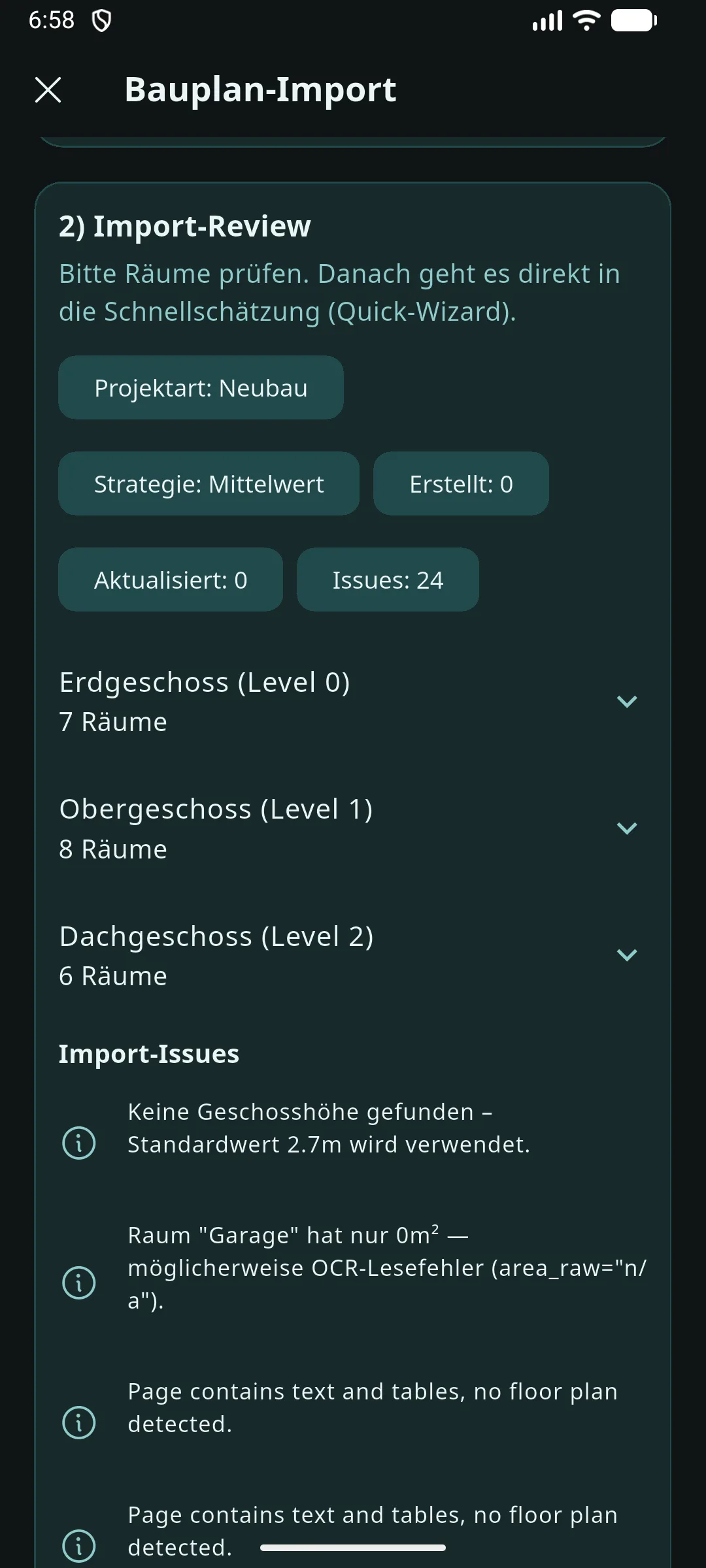 Prometo Import-Review mit erkannten Räumen nach Etagen auf dem Smartphone
