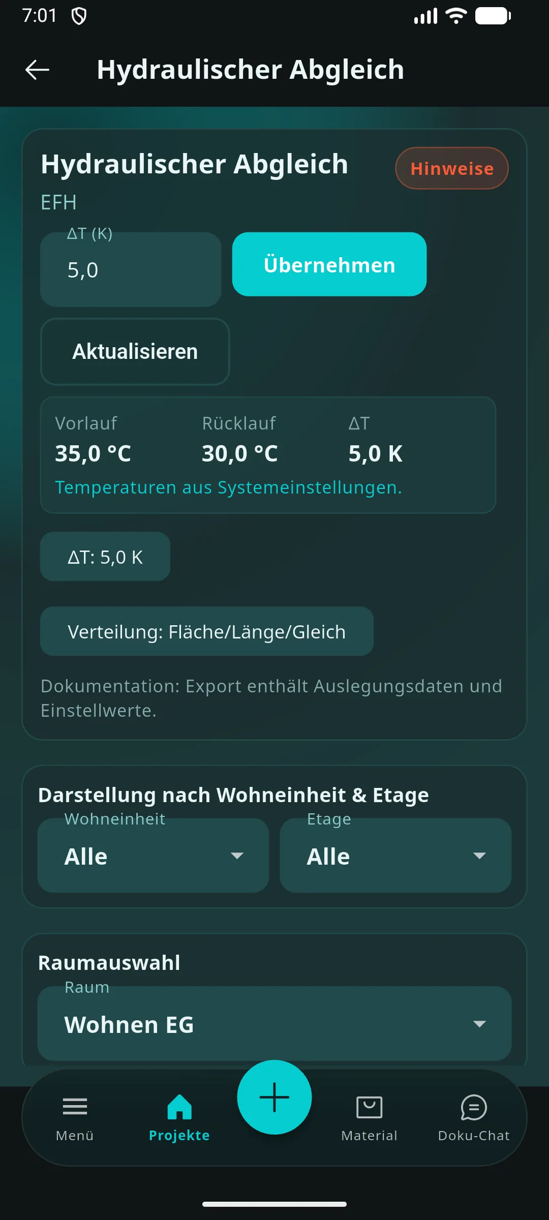 Prometo Hydraulischer Abgleich mit Delta-T, Vorlauf und Rücklauf auf dem Smartphone