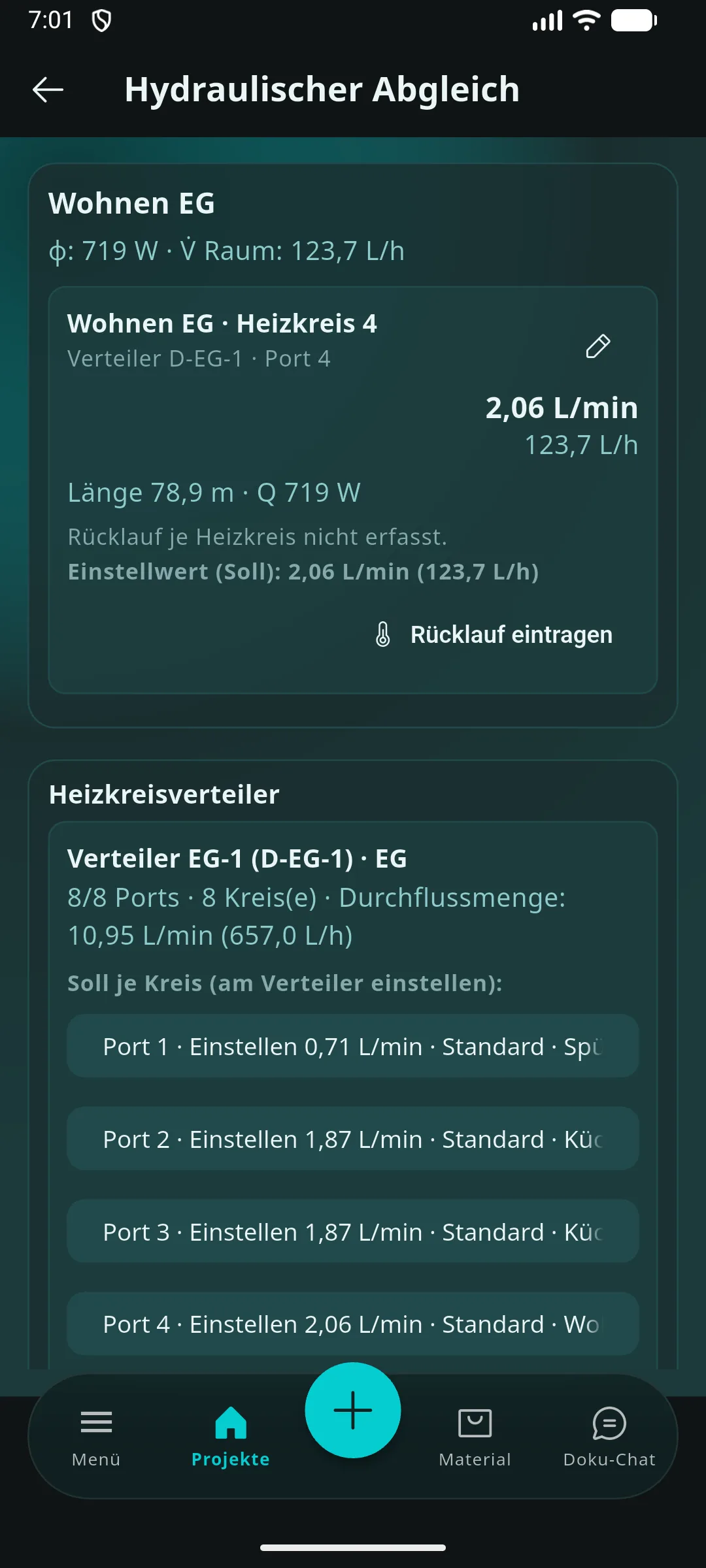 Prometo Heizkreisdetail mit Port-Zuordnung auf dem Smartphone