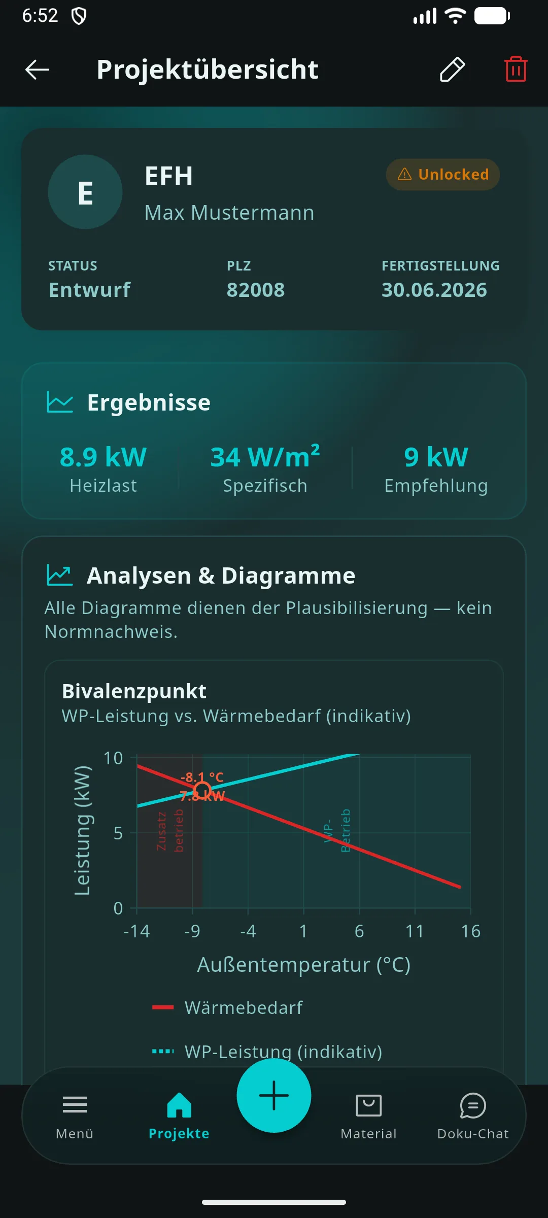 Prometo Projektdetail mit Heizlastergebnissen und Bivalenzpunkt-Diagramm
