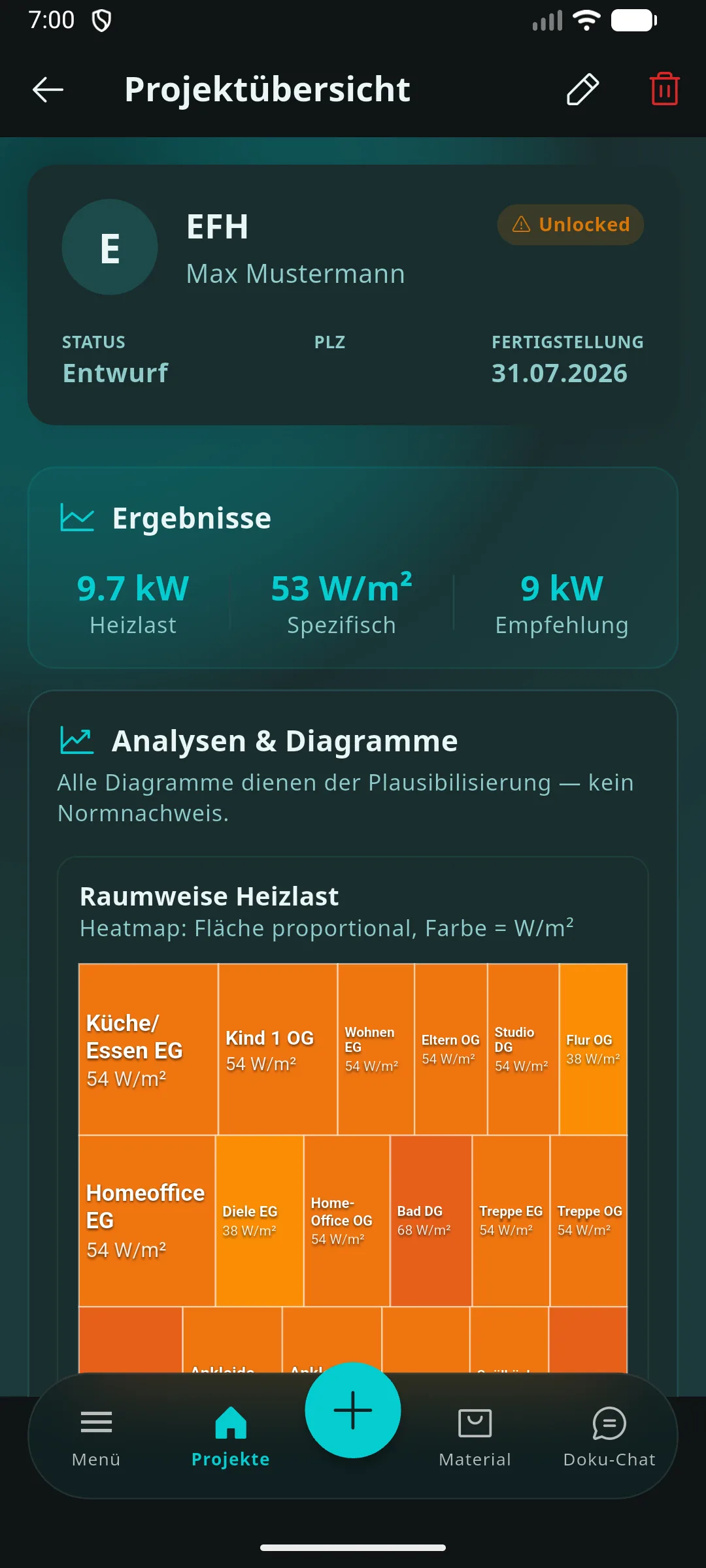 Prometo Heizlast-Heatmap mit farbcodierter Raumverteilung auf dem Smartphone