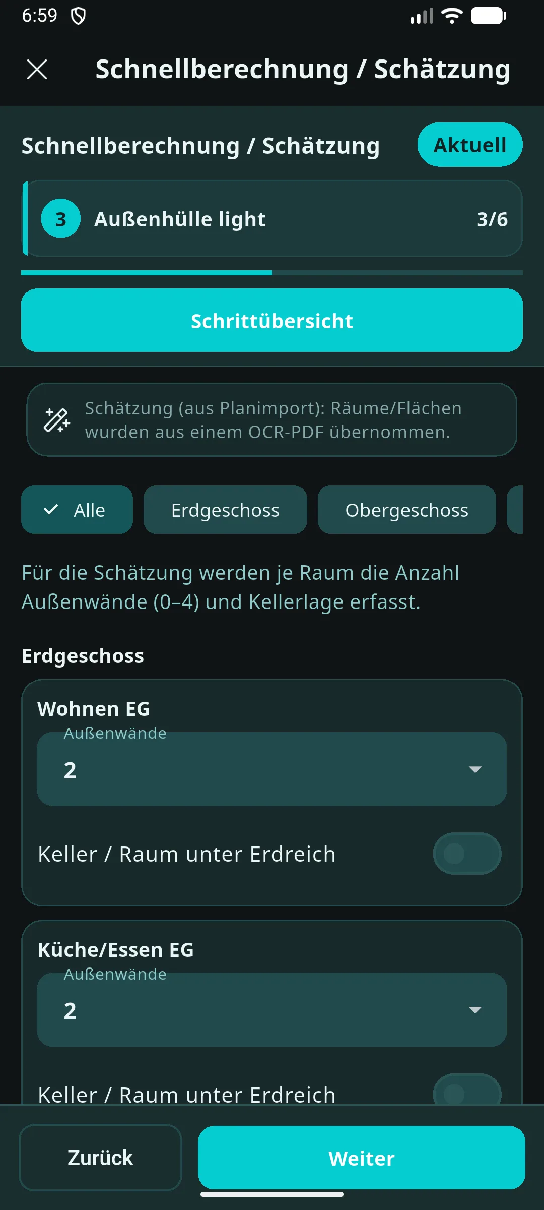Prometo Schnellberechnung mit Eingabe der Außenhülle und Außenwände pro Raum