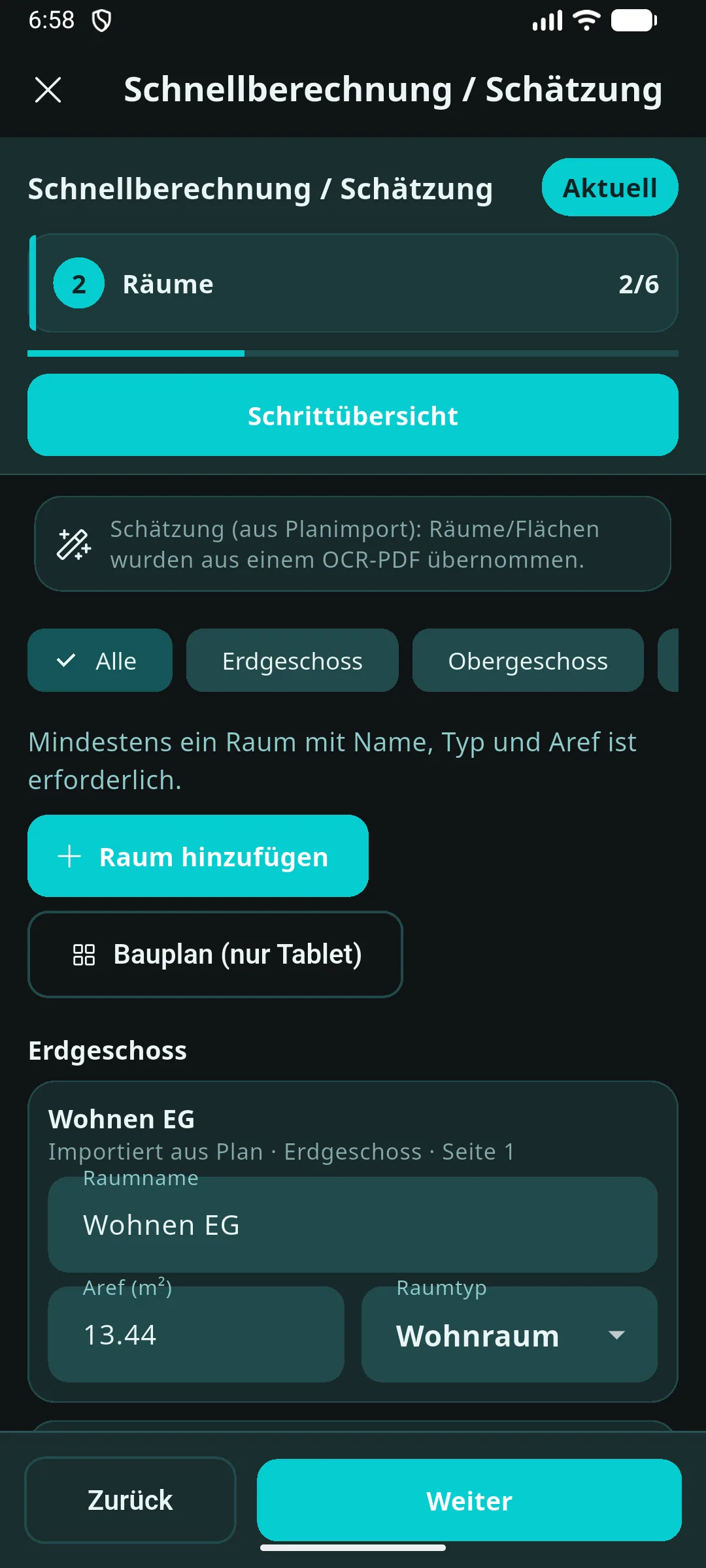 Prometo Schnellberechnung mit importierten Räumen und Flächen auf dem Smartphone