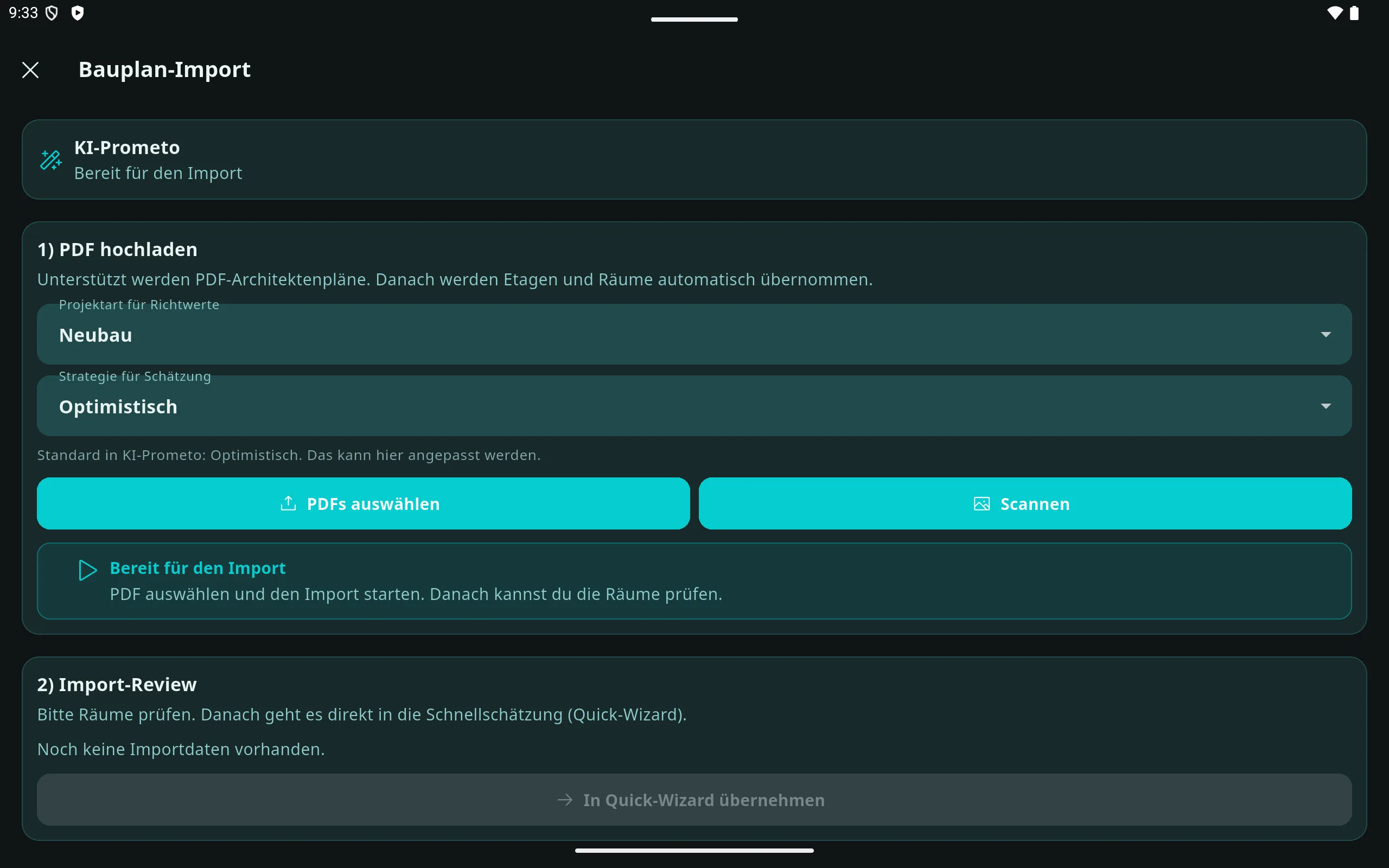 Prometo Bauplan-Import auf dem Tablet mit KI-bereiter Startansicht