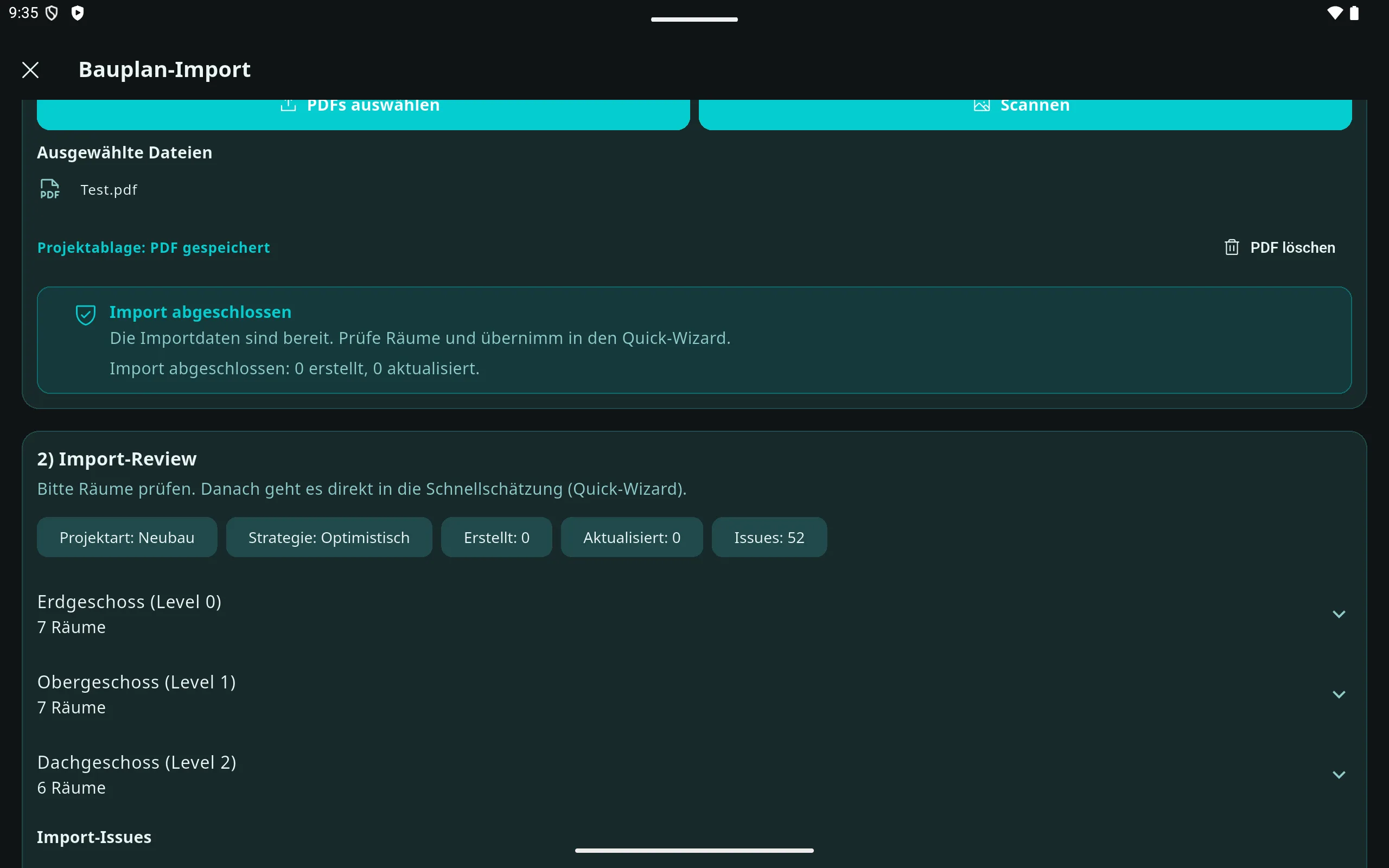 Prometo Bauplan-Import Review auf dem Tablet mit abgeschlossener Raumprüfung