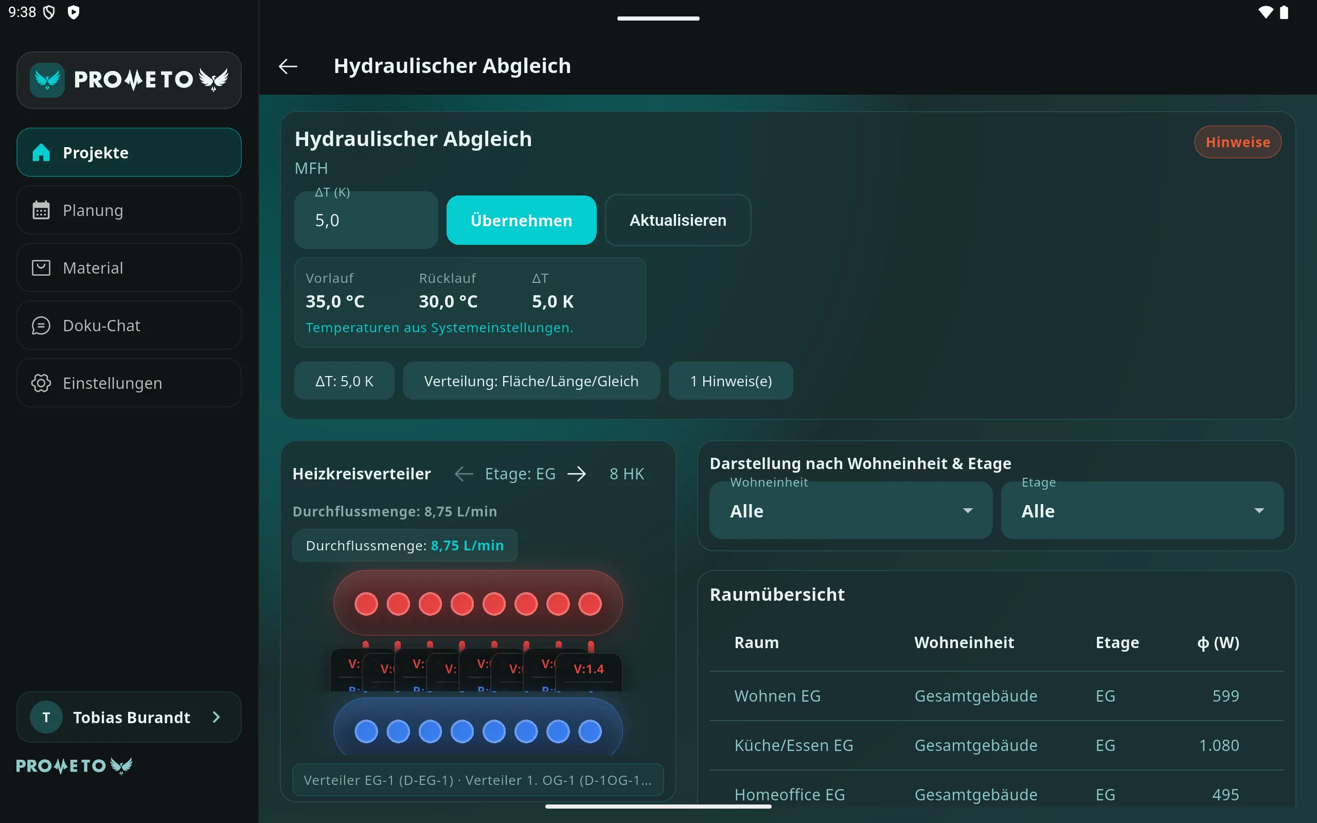 Prometo Hydraulischer Abgleich mit EG-Verteiler und Raumübersicht auf dem Tablet