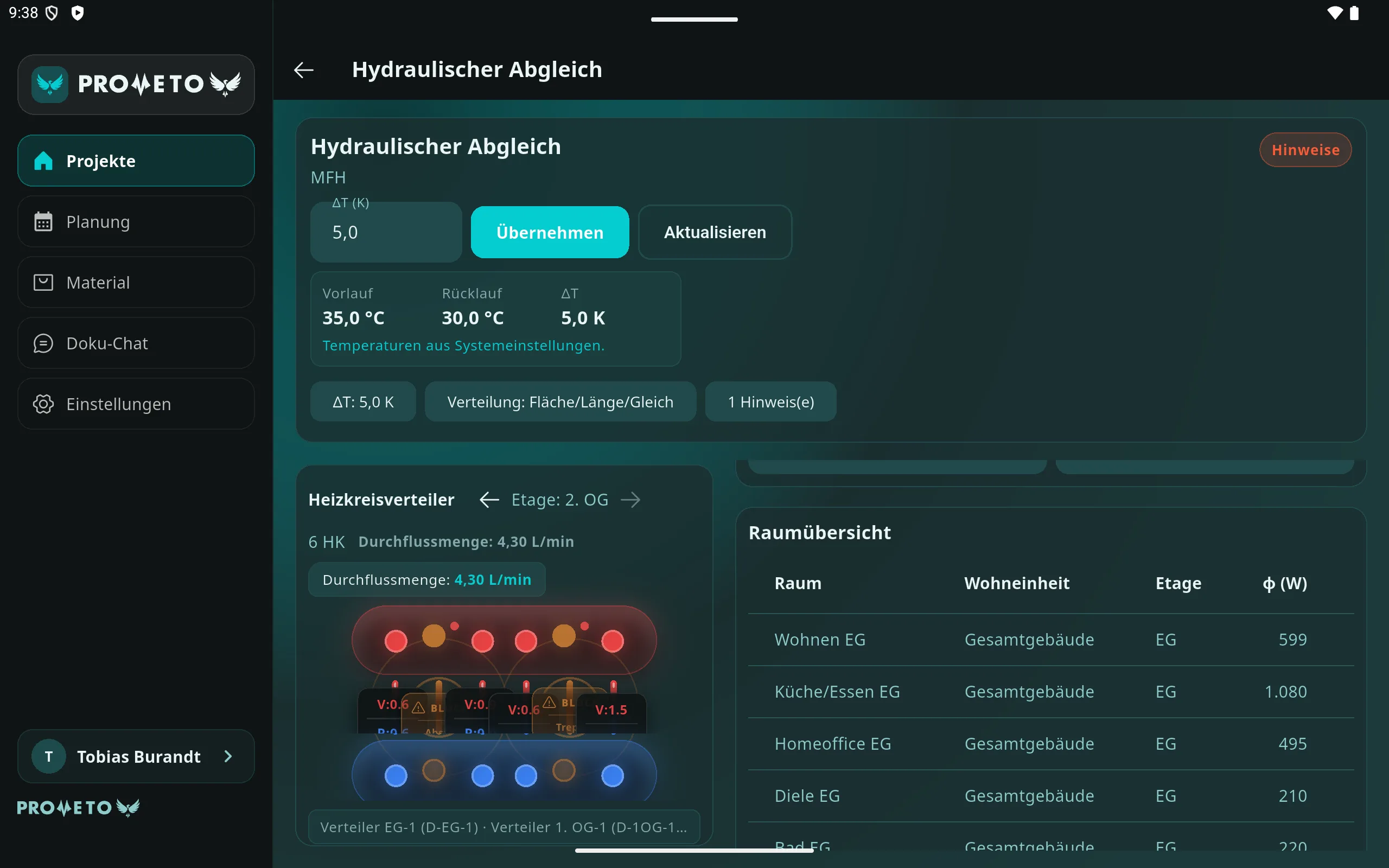Prometo Hydraulischer Abgleich mit OG-Verteiler und Projektübersicht auf dem Tablet