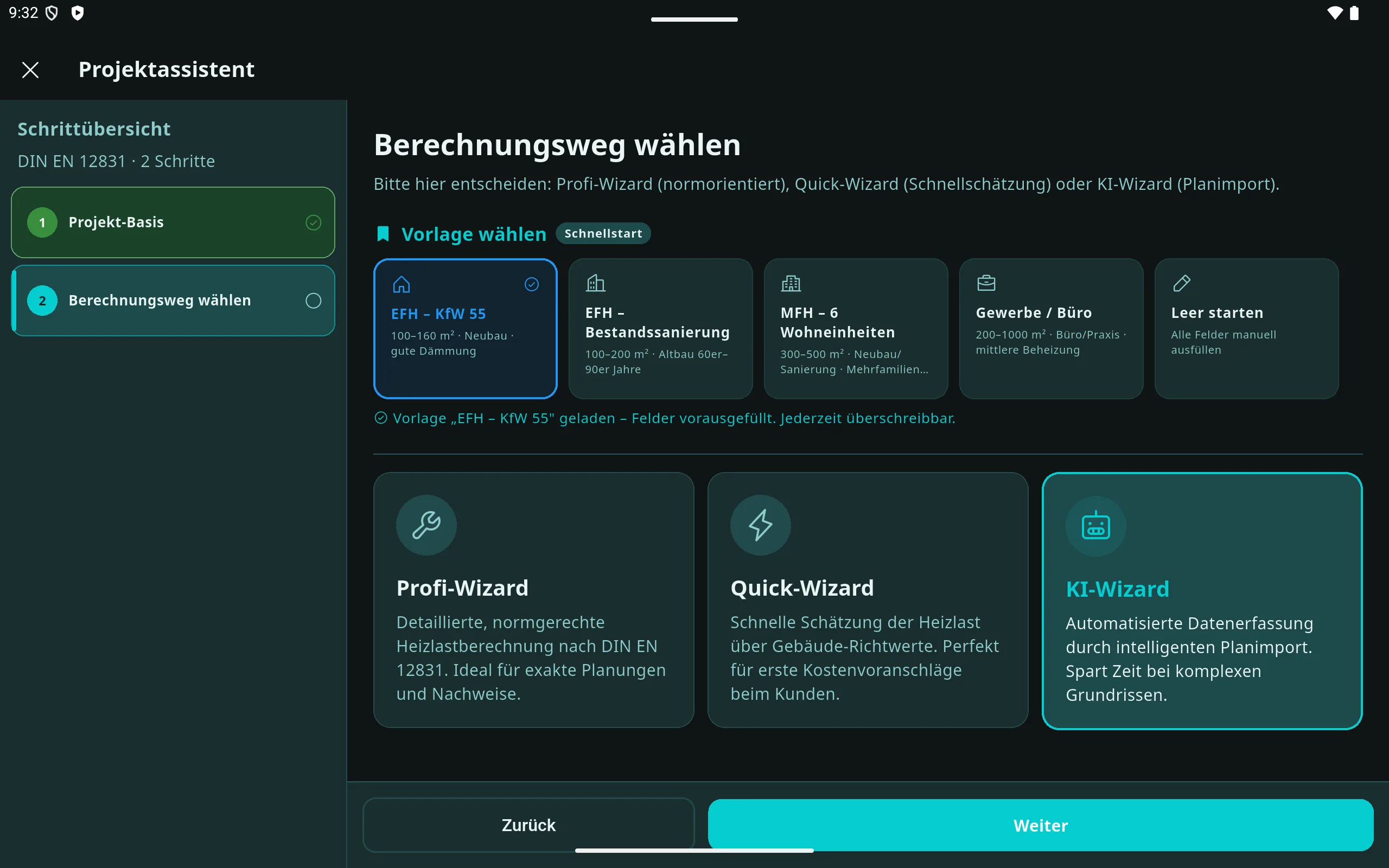 Prometo Projektassistent auf dem Tablet mit Auswahl von Profi-, Quick- und KI-Wizard