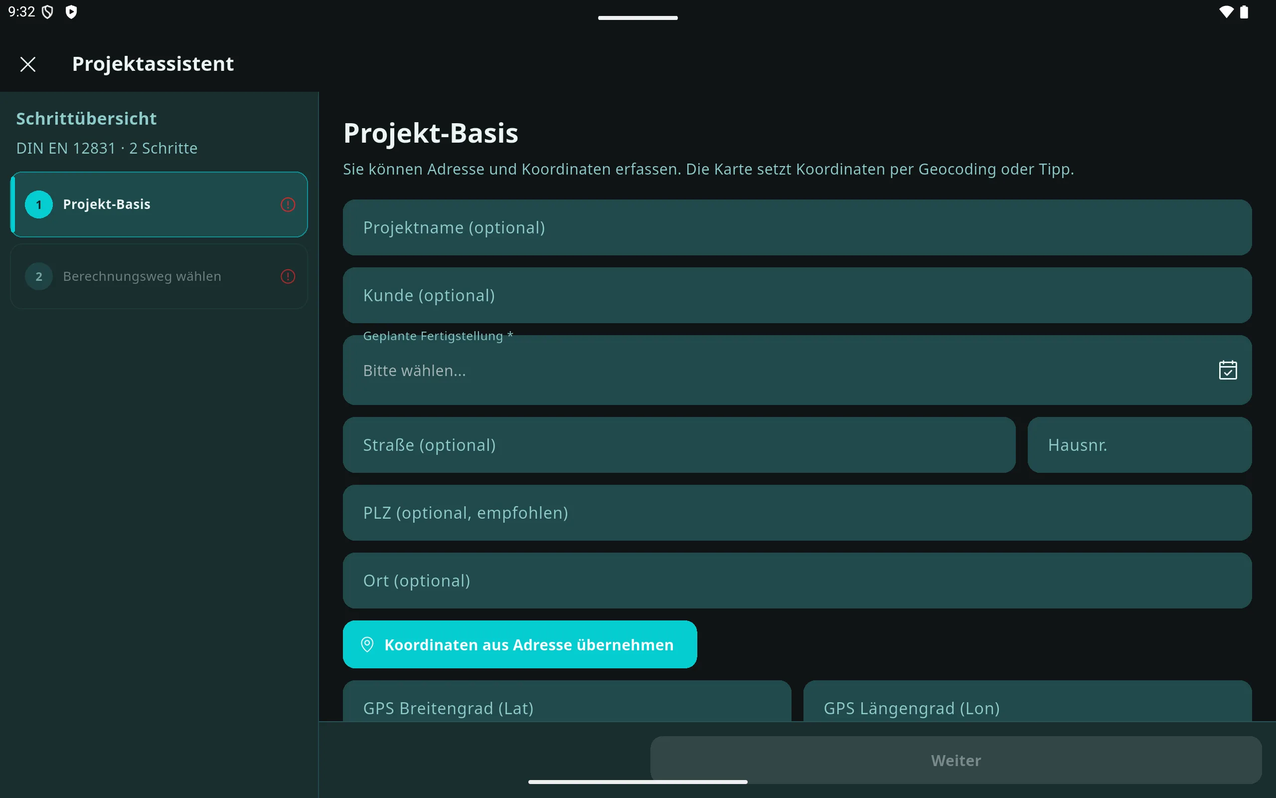 Prometo Projektassistent auf dem Tablet mit Projektbasis und Adressformular