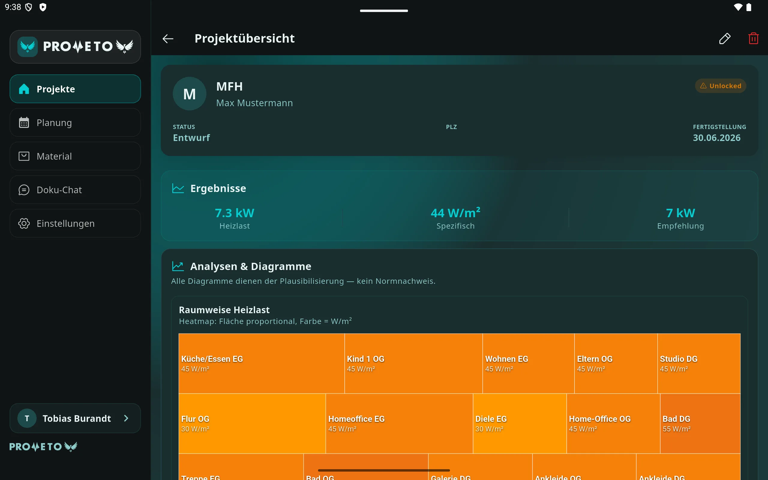 Prometo MFH-Projektdetail mit Heizlast-Heatmap auf dem Tablet