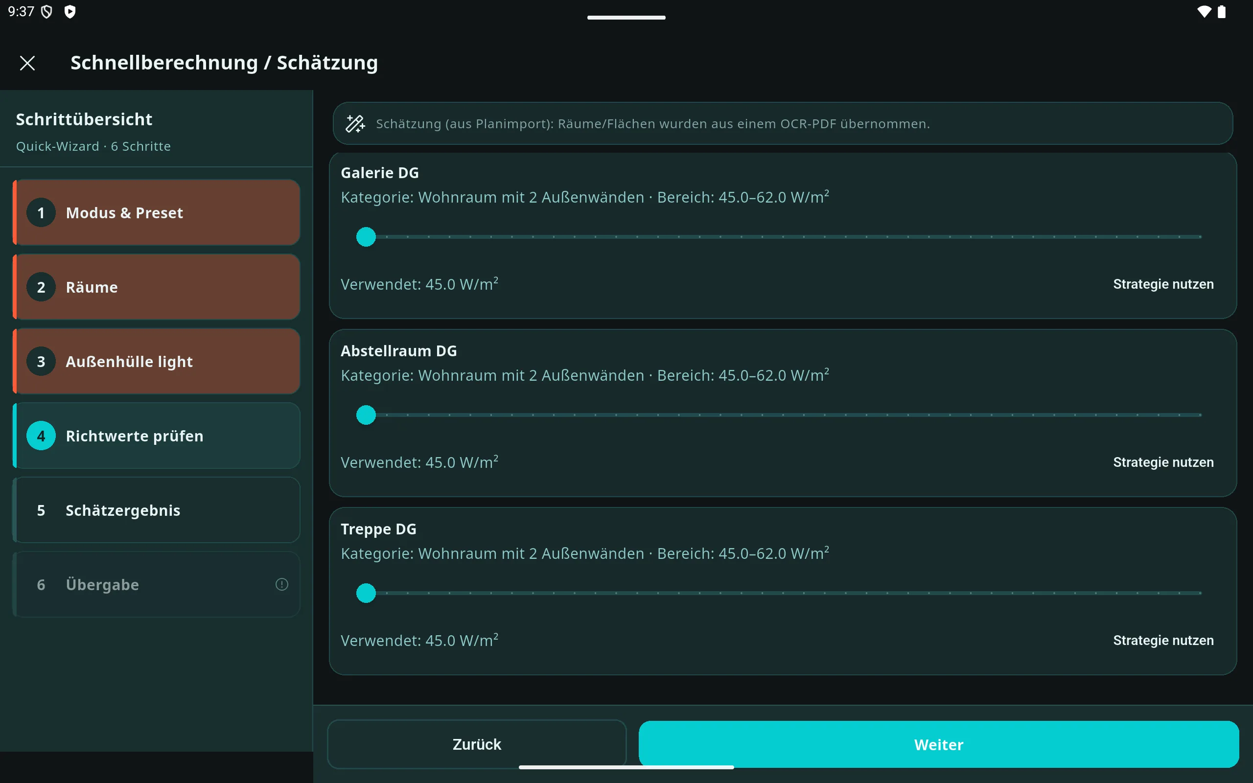 Prometo Schnellberechnung auf dem Tablet mit anpassbaren Projektparametern