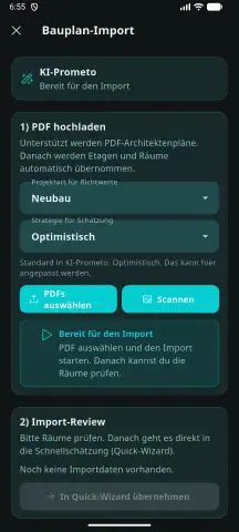 Bauplan-Import in der Prometo App
